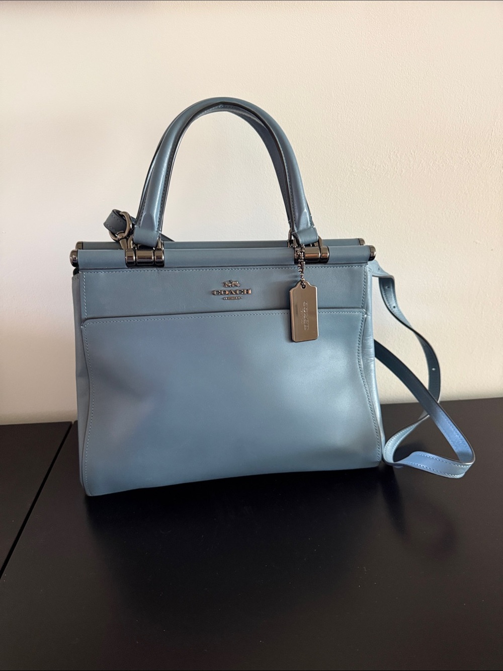 Coach Light Blue Leather Top-Handle Satchel with Crossbody Strap
